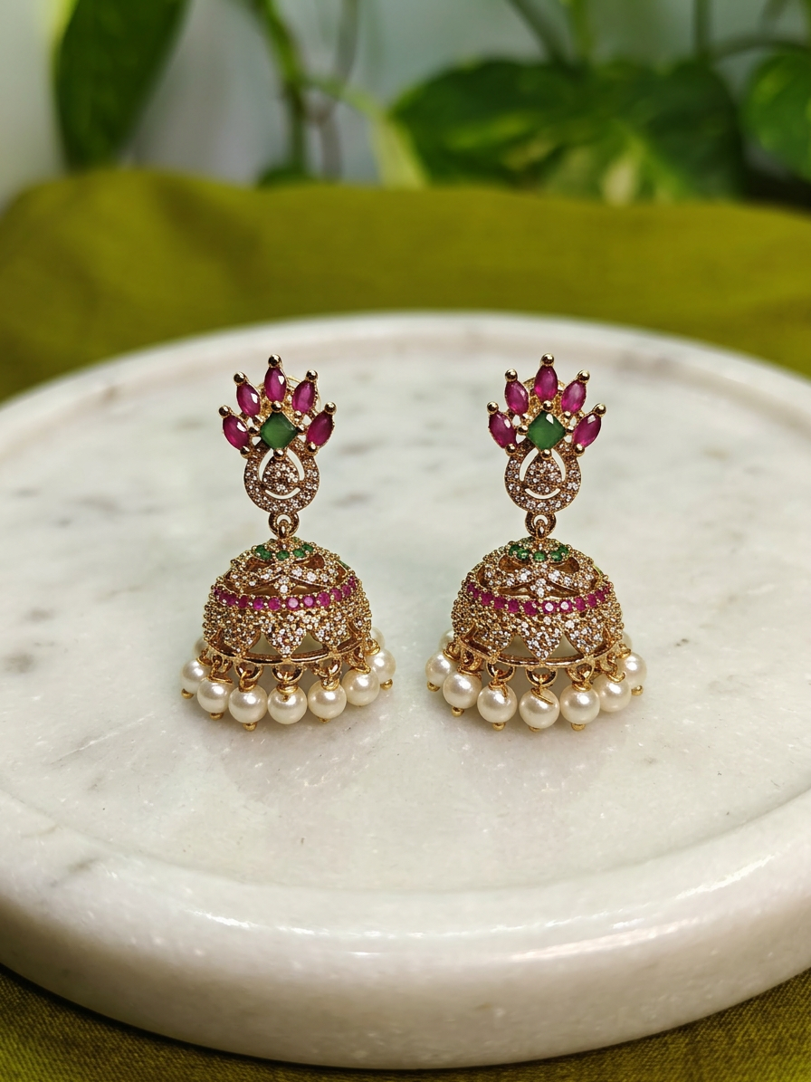 Gold-Tone Peacock Style AD Stone Jhumka Green and Red with Pearl Drops for Women - Matte Finish