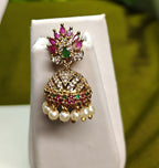 Gold-Tone Peacock Style AD Stone Medium Jhumka Green and Red with Pearl Drops for Women - Matte Finish
