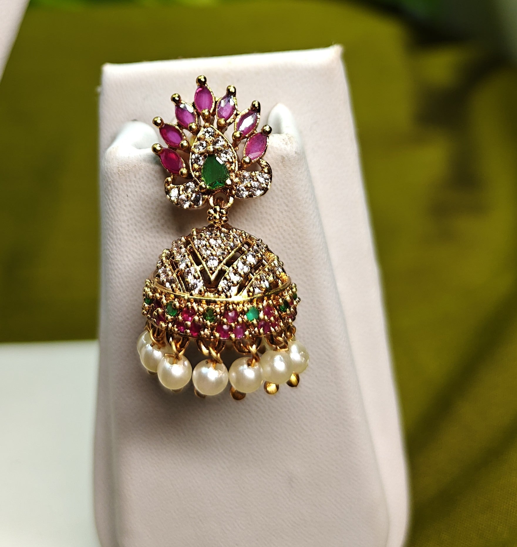 Gold-Tone Peacock Style AD Stone Medium Jhumka Green and Red with Pearl Drops for Women - Matte Finish