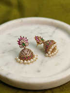 Gold-Tone Peacock Style AD Stone Medium Jhumka Green and Red with Pearl Drops for Women - Matte Finish