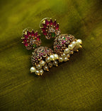 Gold-Tone Peacock Style AD Stone Medium Jhumka Green and Red with Pearl Drops for Women - Matte Finish