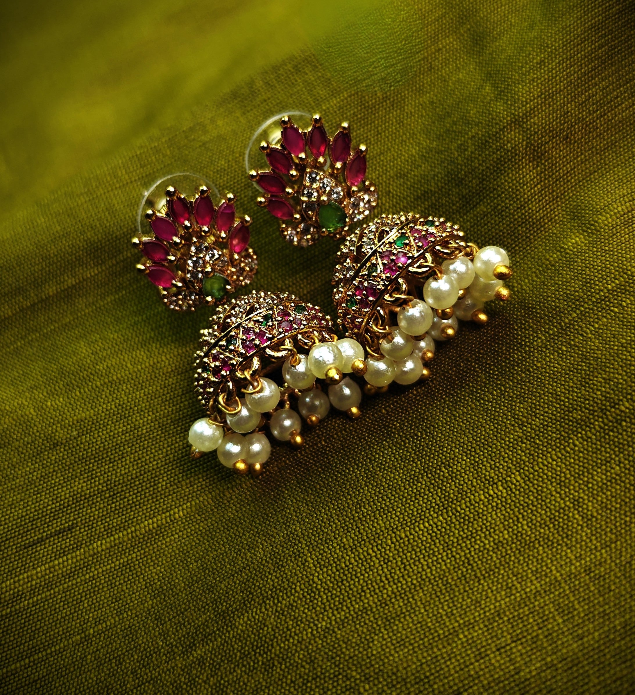 Gold-Tone Peacock Style AD Stone Medium Jhumka Green and Red with Pearl Drops for Women - Matte Finish