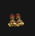 Gold-Tone Peacock Style AD Stone Medium Jhumka Green and Red with Pearl Drops for Women - Matte Finish