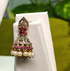 Gold-Tone Leaf Top Style AD Stone Jhumka with Pearl Drops for Women - Matte Finish