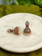 Gold-Tone Leaf Top Style AD Stone Jhumka with Pearl Drops for Women - Matte Finish