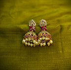 Gold-Tone Leaf Top Style AD Stone Jhumka with Pearl Drops for Women - Matte Finish