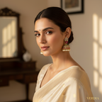 Gold-Tone Leaf Top Style AD Stone Jhumka with Pearl Drops for Women - Matte Finish