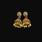 Gold-Tone Leaf Top Style AD Stone Jhumka with Pearl Drops for Women - Matte Finish