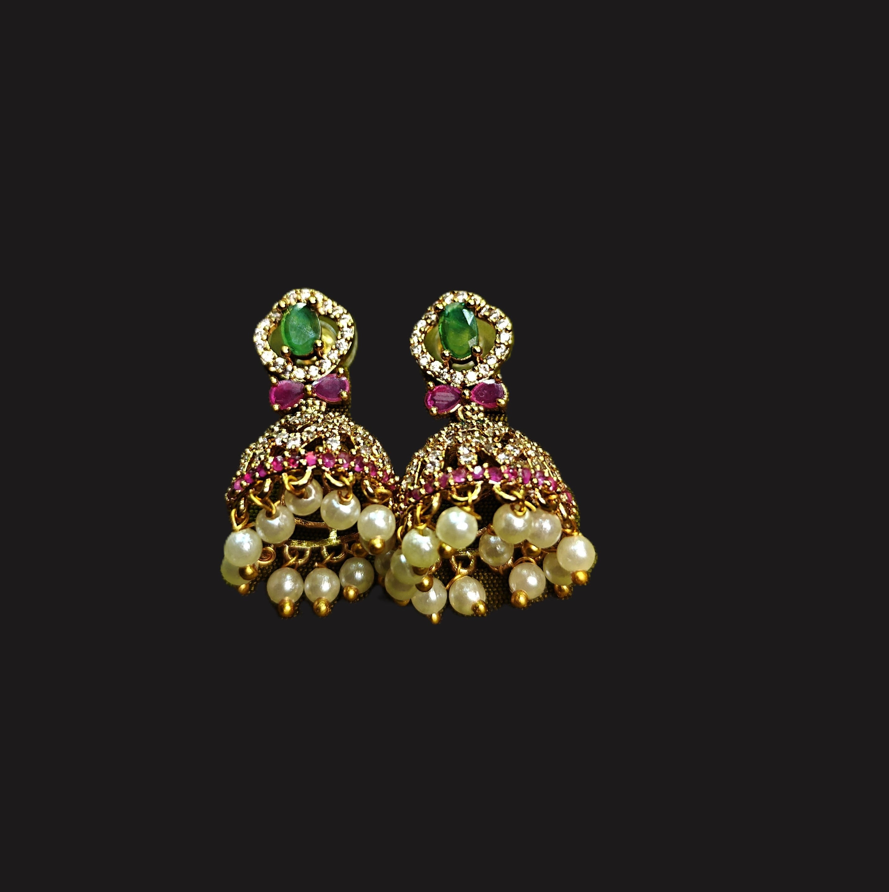 Gold-Tone Green Stone AD Jhumka with Oval Top for Women - Matte Finish