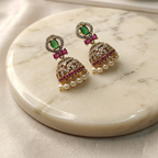 Gold-Tone Green Stone AD Jhumka with Oval Top for Women - Matte Finish