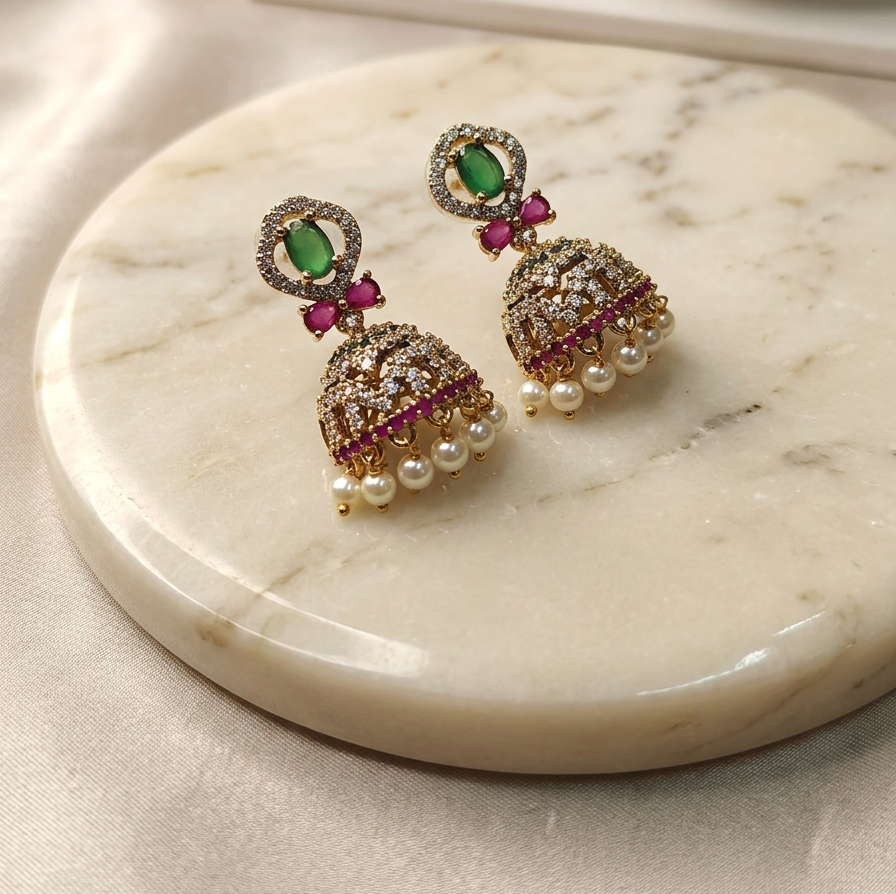 Gold-Tone Green Stone AD Jhumka with Oval Top for Women - Matte Finish