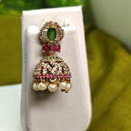 Gold-Tone Green Stone AD Jhumka with Oval Top for Women - Matte Finish