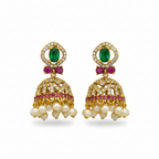 Gold-Tone Green Stone AD Jhumka with Oval Top for Women - Matte Finish