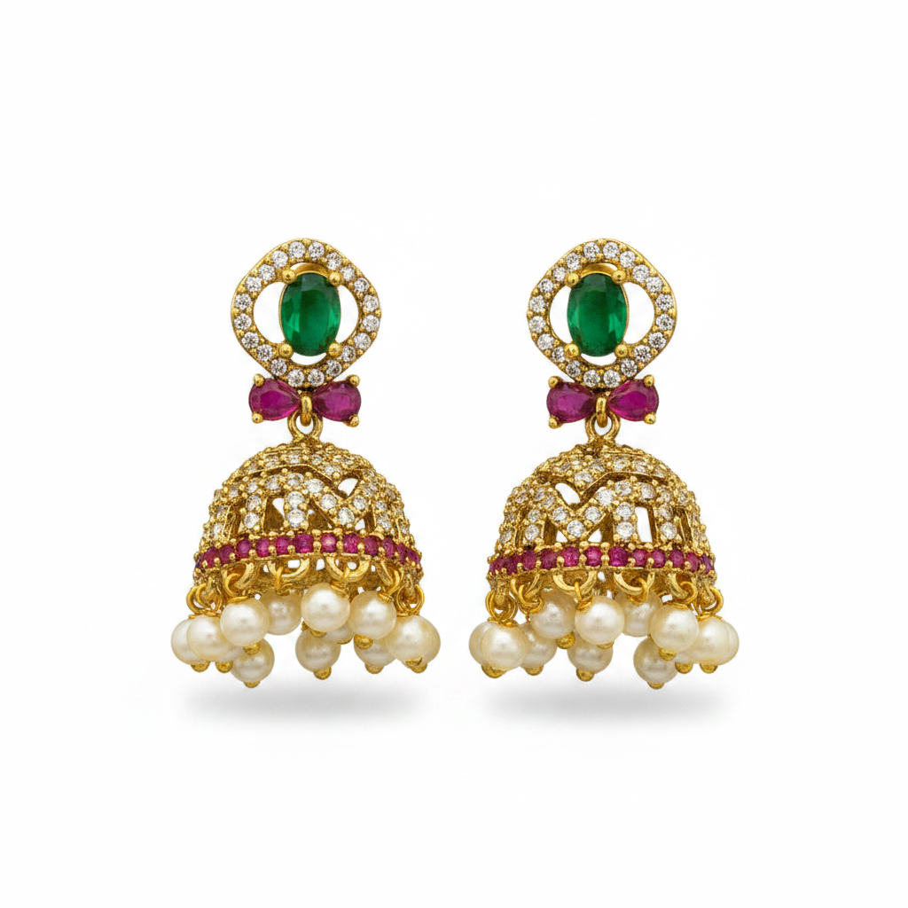 Gold-Tone Green Stone AD Jhumka with Oval Top for Women - Matte Finish