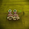 Gold-Tone Green Stone AD Jhumka with Oval Top for Women - Matte Finish
