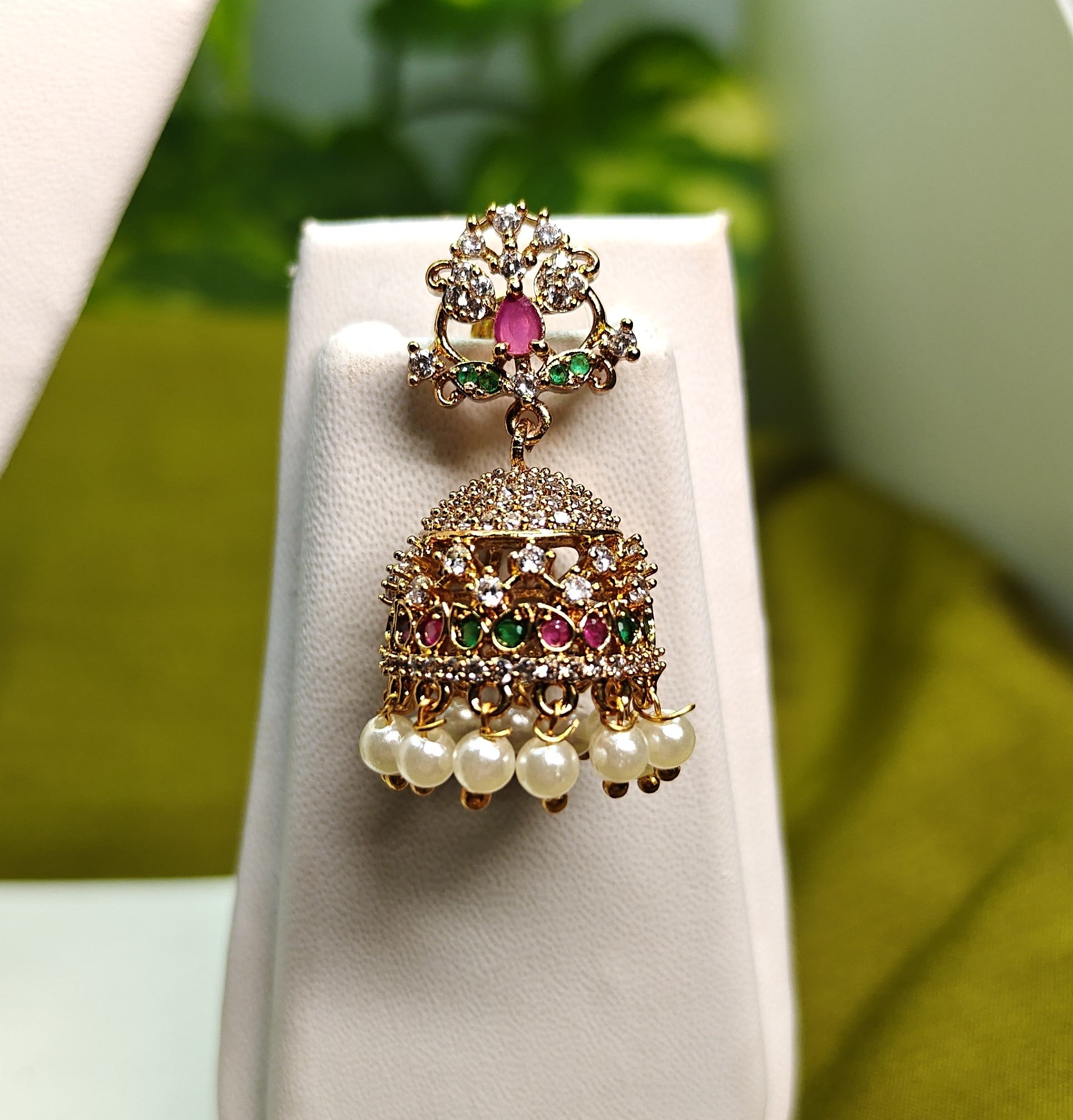 Gold-Tone Floral Top Pink Green Stone Pearl Jhumka for Women - Matte Finish