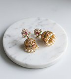 Gold-Tone Floral Top Pink Green Stone Pearl Jhumka for Women - Matte Finish