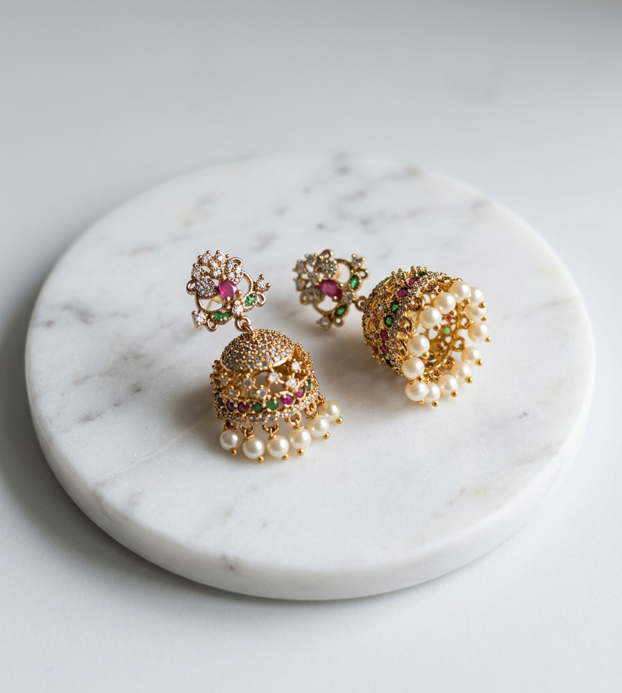 Gold-Tone Floral Top Pink Green Stone Pearl Jhumka for Women - Matte Finish