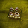 Gold-Tone Floral Top Pink Green Stone Pearl Jhumka for Women - Matte Finish