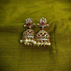 Gold-Tone Floral Top Pink Green Stone Pearl Jhumka for Women - Matte Finish