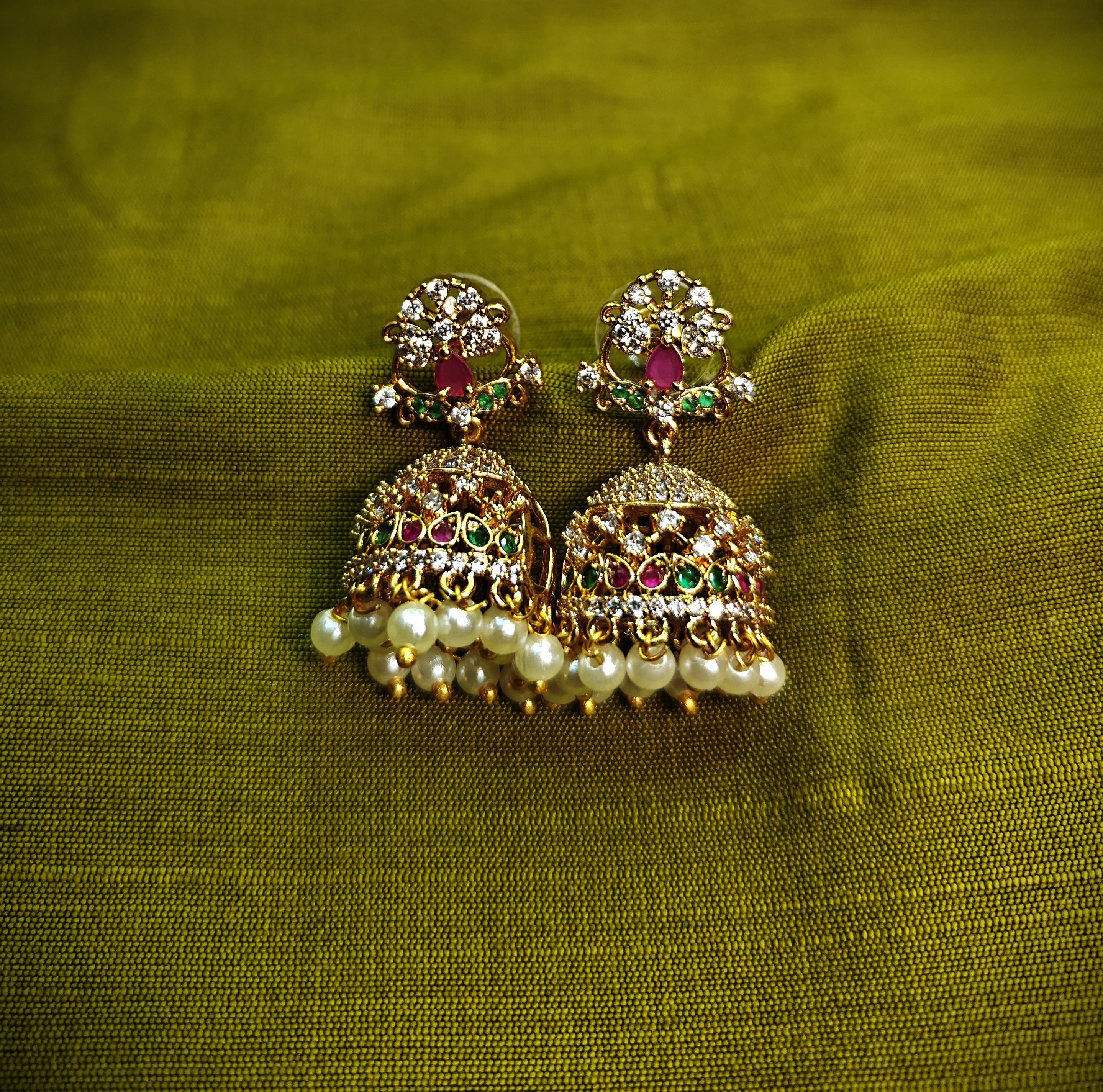 Gold-Tone Floral Top Pink Green Stone Pearl Jhumka for Women - Matte Finish