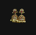 Gold-Tone Floral Top Pink Green Stone Pearl Jhumka for Women - Matte Finish