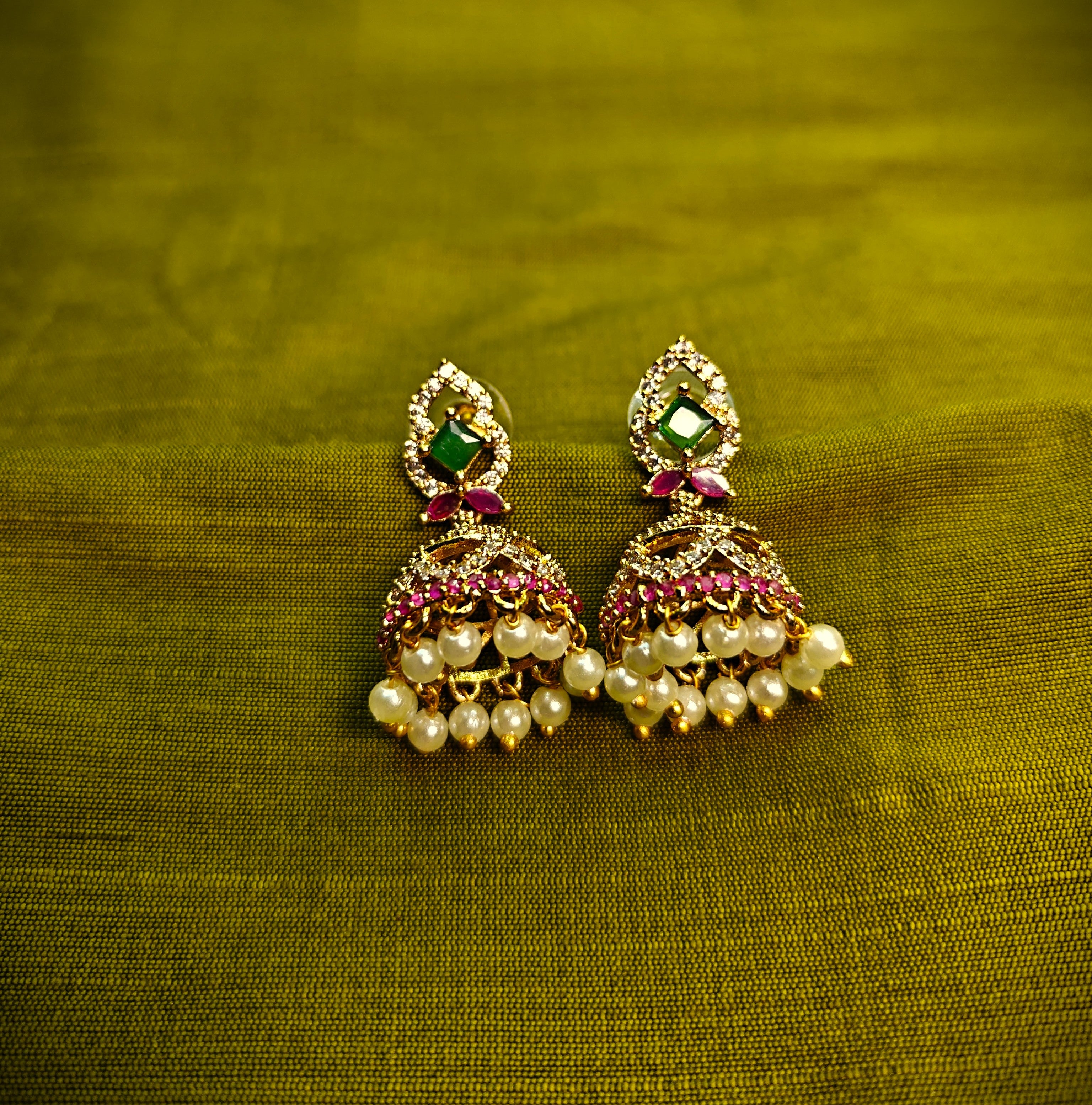Gold-Tone Mint Green Stone Pearl Jhumka for Women - Matte Finish