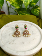 Gold-Tone Mint Green Stone Pearl Jhumka for Women - Matte Finish