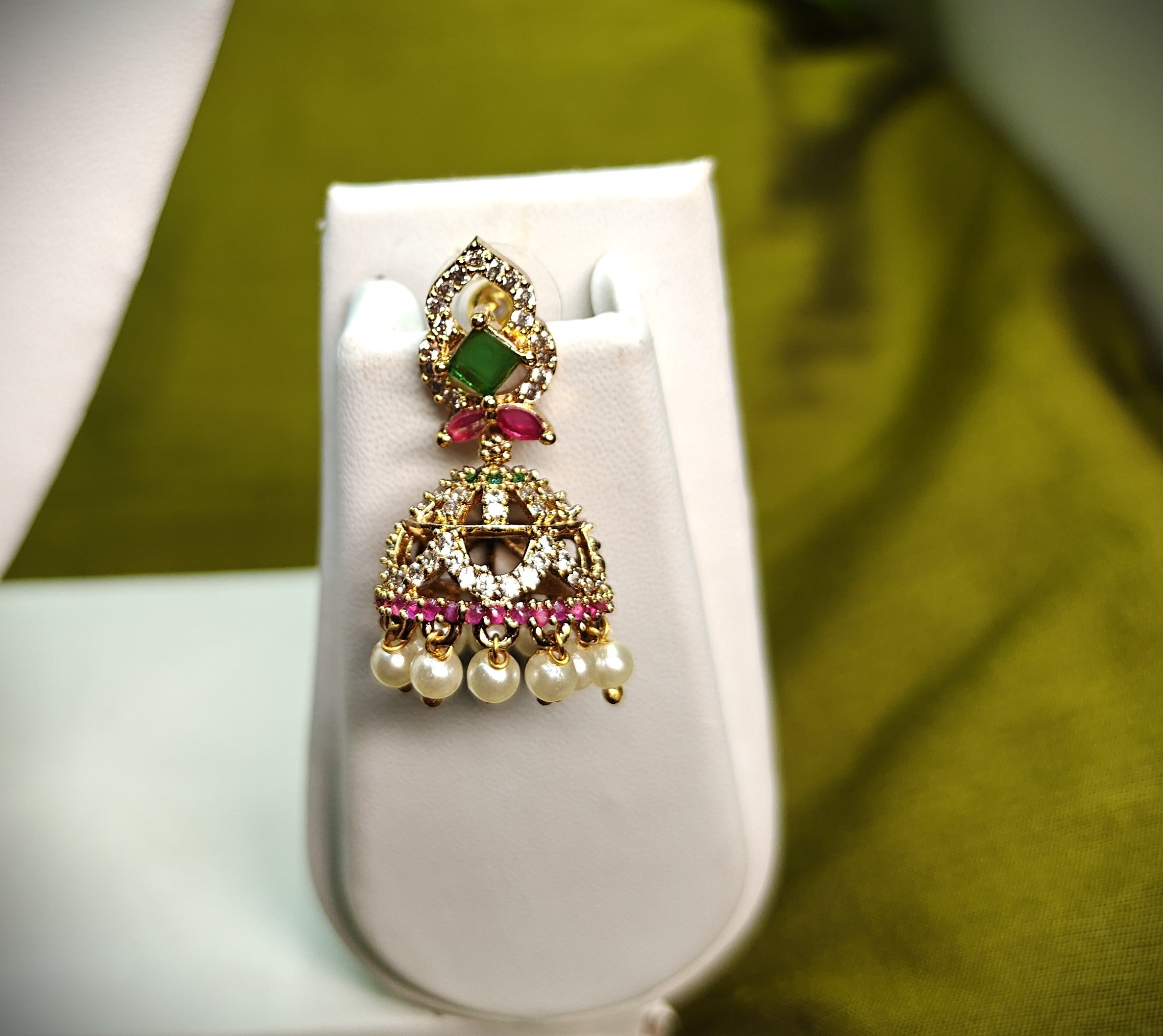 Gold-Tone Mint Green Stone Pearl Jhumka for Women - Matte Finish