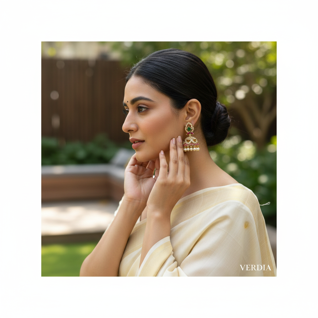 Gold-Tone Mint Green Stone Pearl Jhumka for Women - Matte Finish
