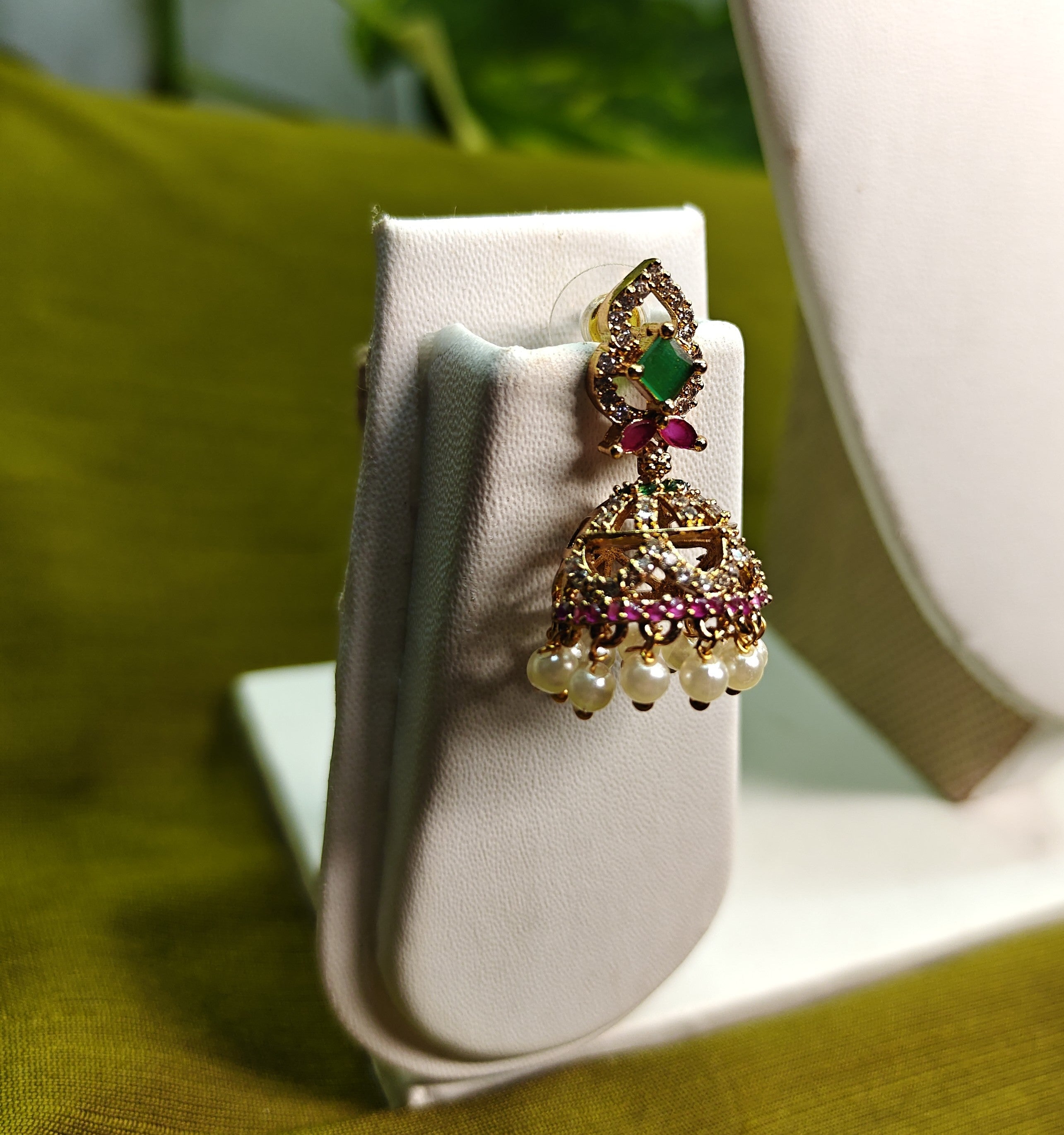 Gold-Tone Mint Green Stone Pearl Jhumka for Women - Matte Finish