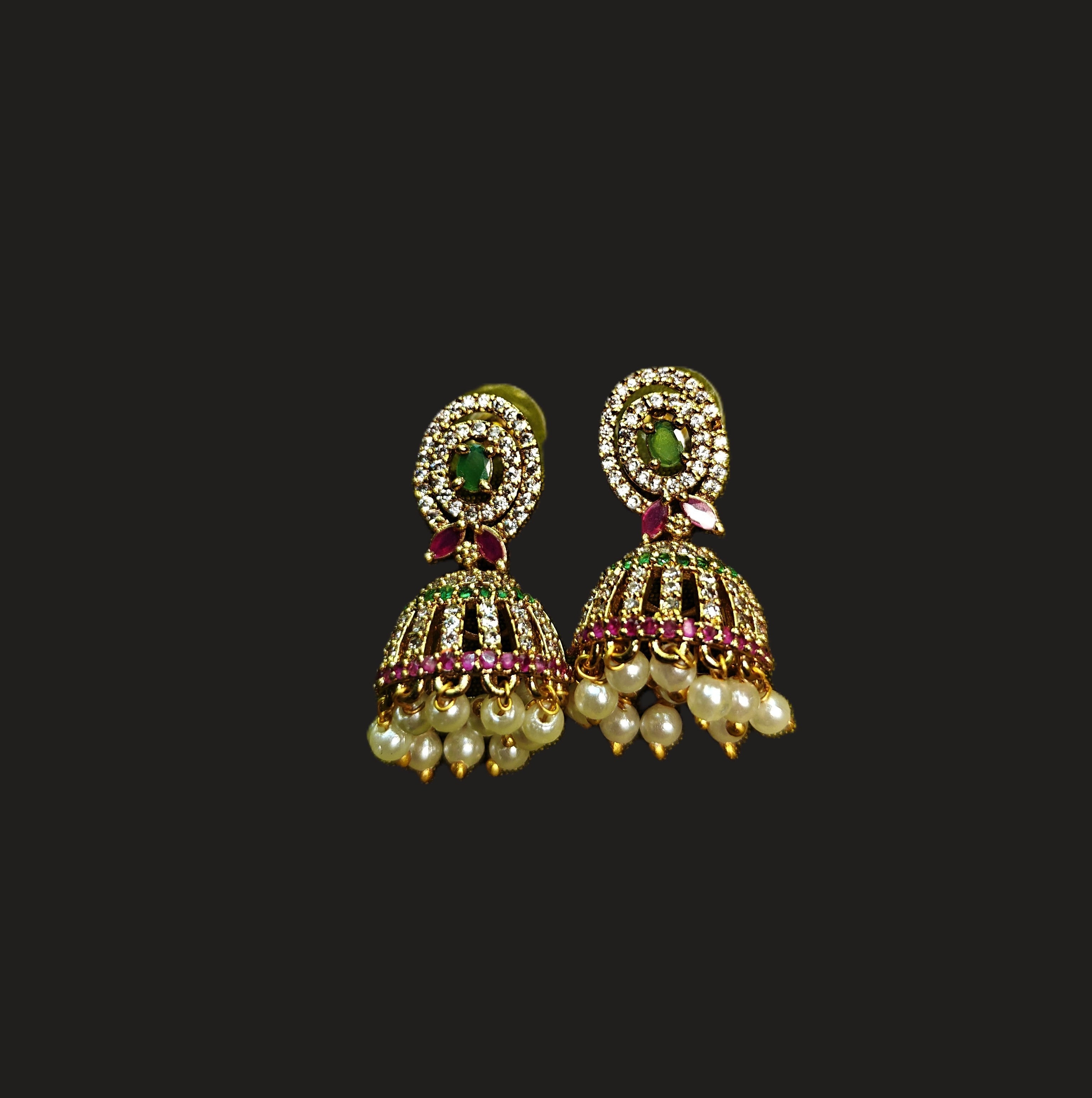 Gold-Tone Round Top Mint Green AD Jhumka for Women - Matte Finish