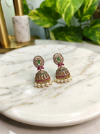 Gold-Tone Round Top Mint Green AD Jhumka for Women - Matte Finish