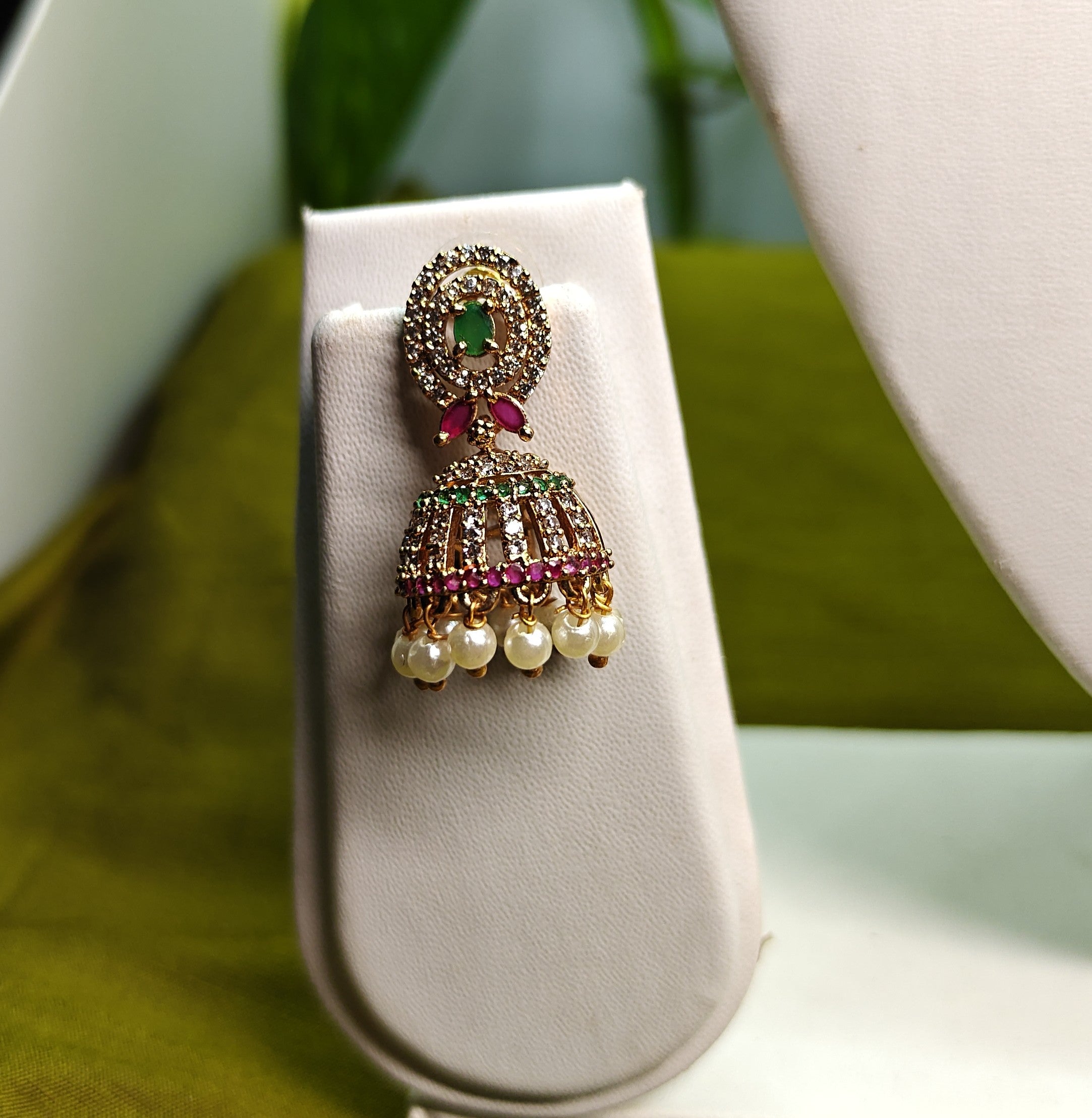 Gold-Tone Round Top Mint Green AD Jhumka for Women - Matte Finish