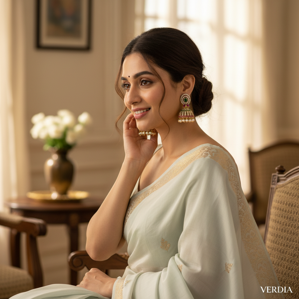 Gold-Tone Round Top Mint Green AD Jhumka for Women - Matte Finish