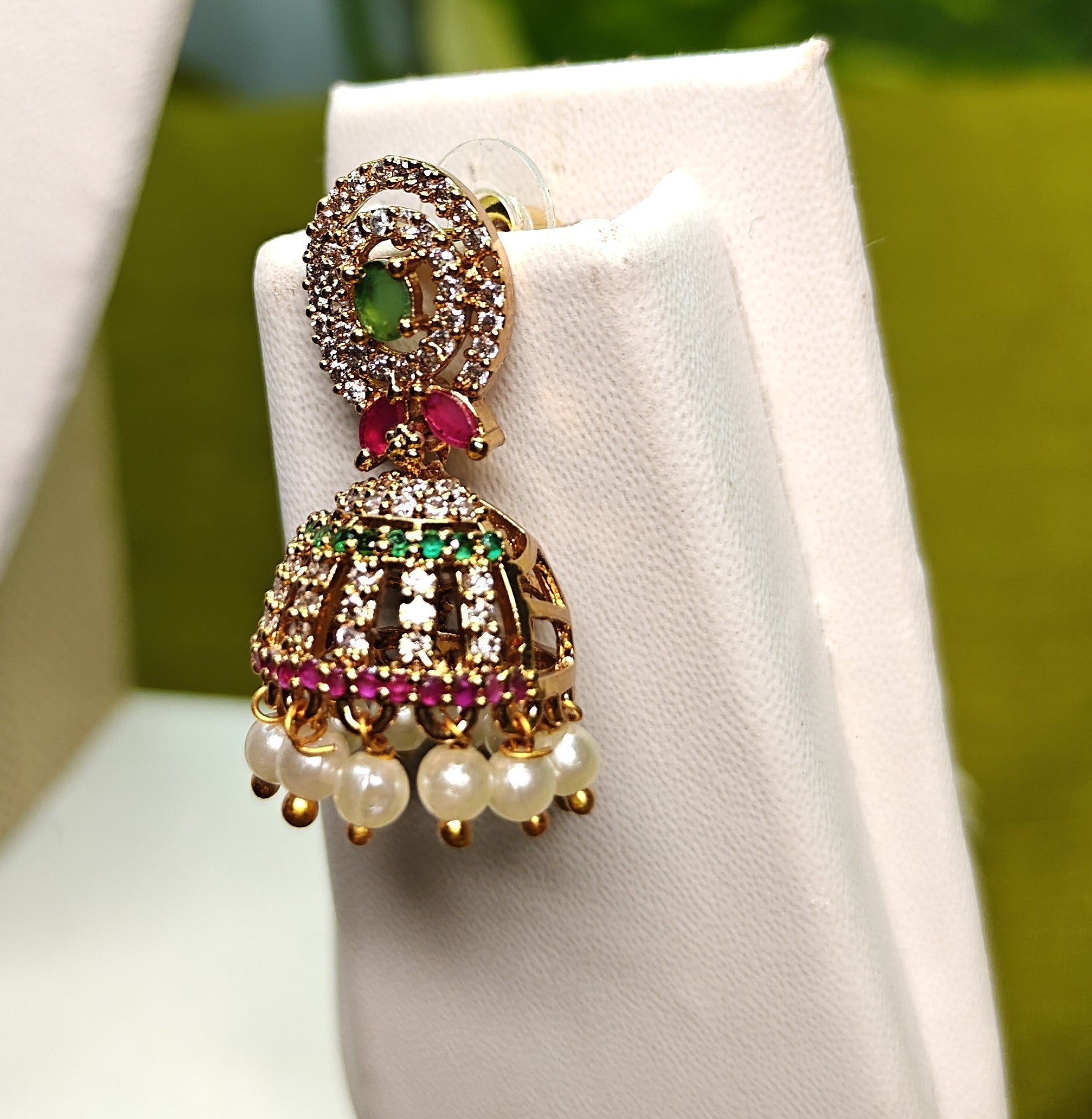 Gold-Tone Round Top Mint Green AD Jhumka for Women - Matte Finish