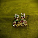 Gold-Tone Round Top Mint Green AD Jhumka for Women - Matte Finish