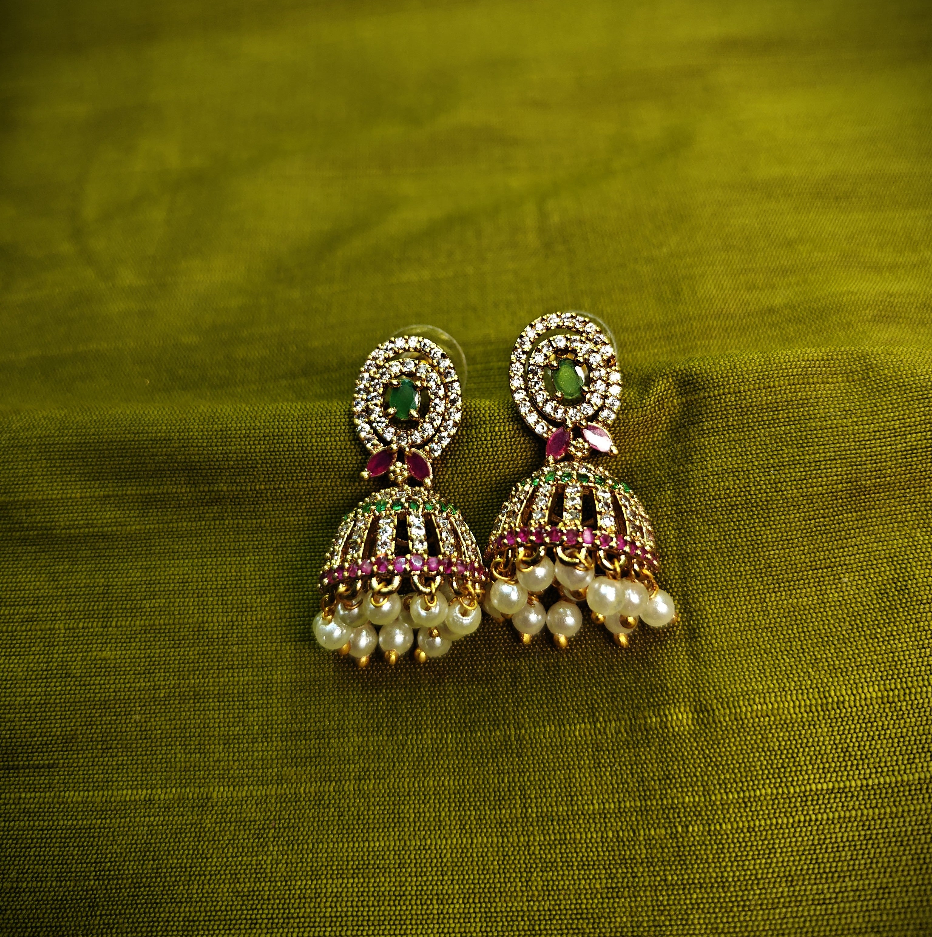 Gold-Tone Round Top Mint Green AD Jhumka for Women - Matte Finish