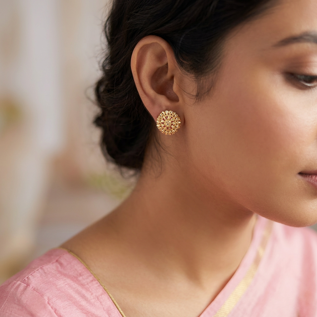 Gold-Tone Cutwork Floral Stud Earrings for Women - Matte Finish