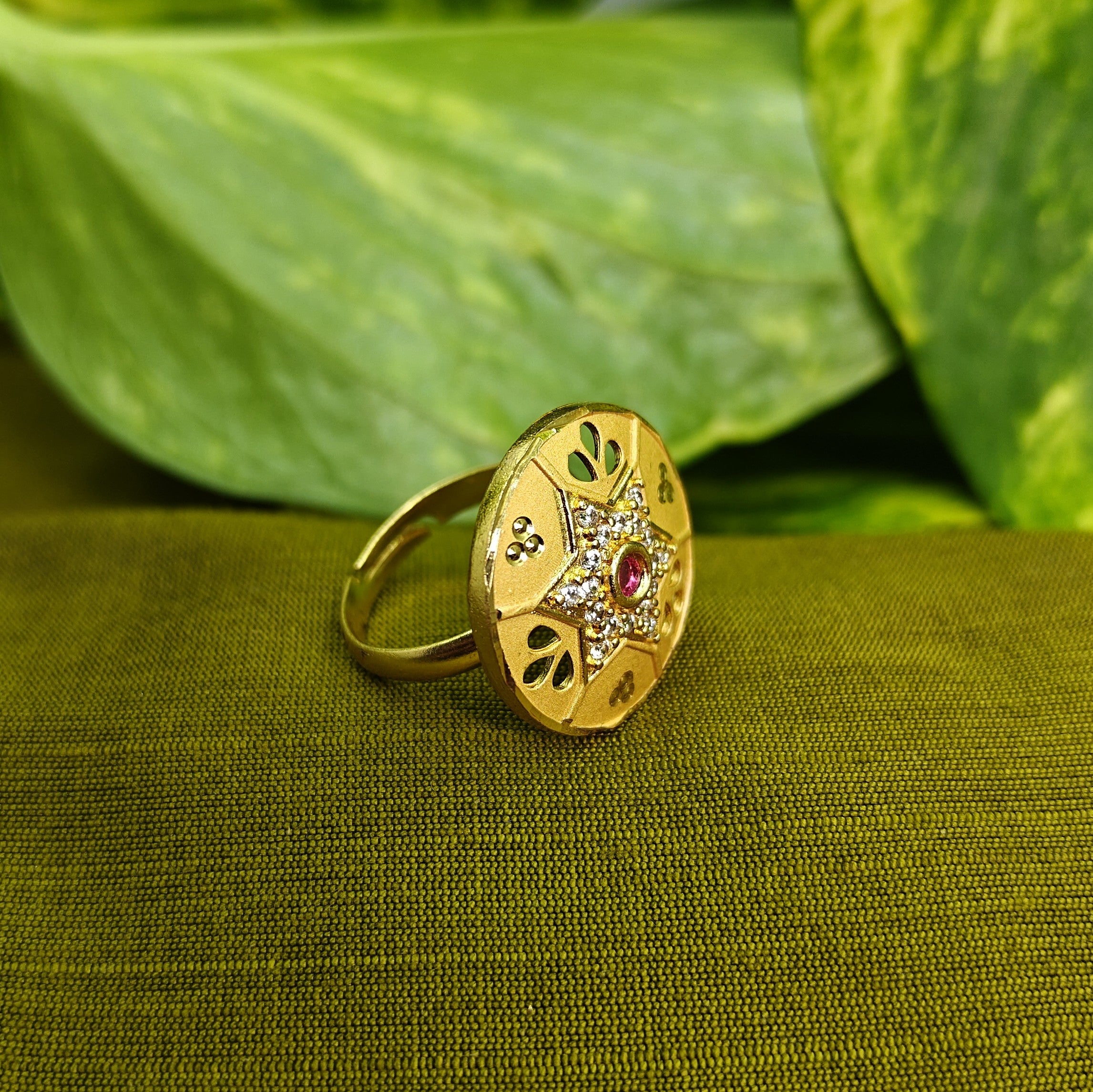 Gold-Tone Premium Star Chakra AD Ring for Women - Glossy Finish - Adjustable Size