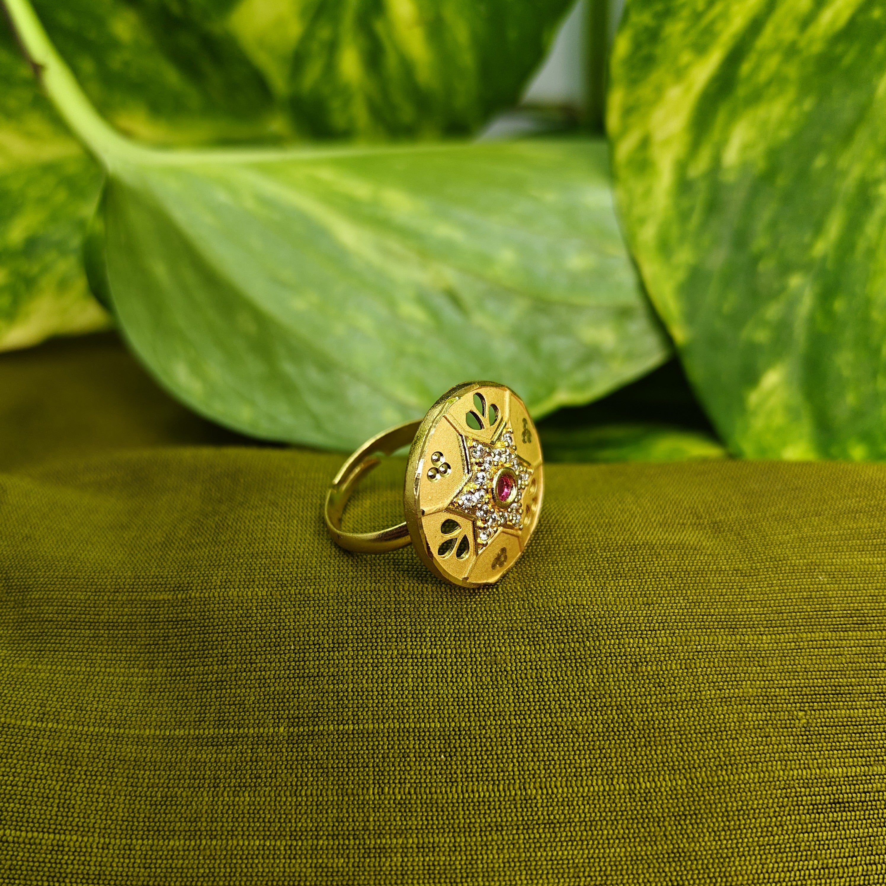 Gold-Tone Premium Star Chakra AD Ring for Women - Glossy Finish - Adjustable Size