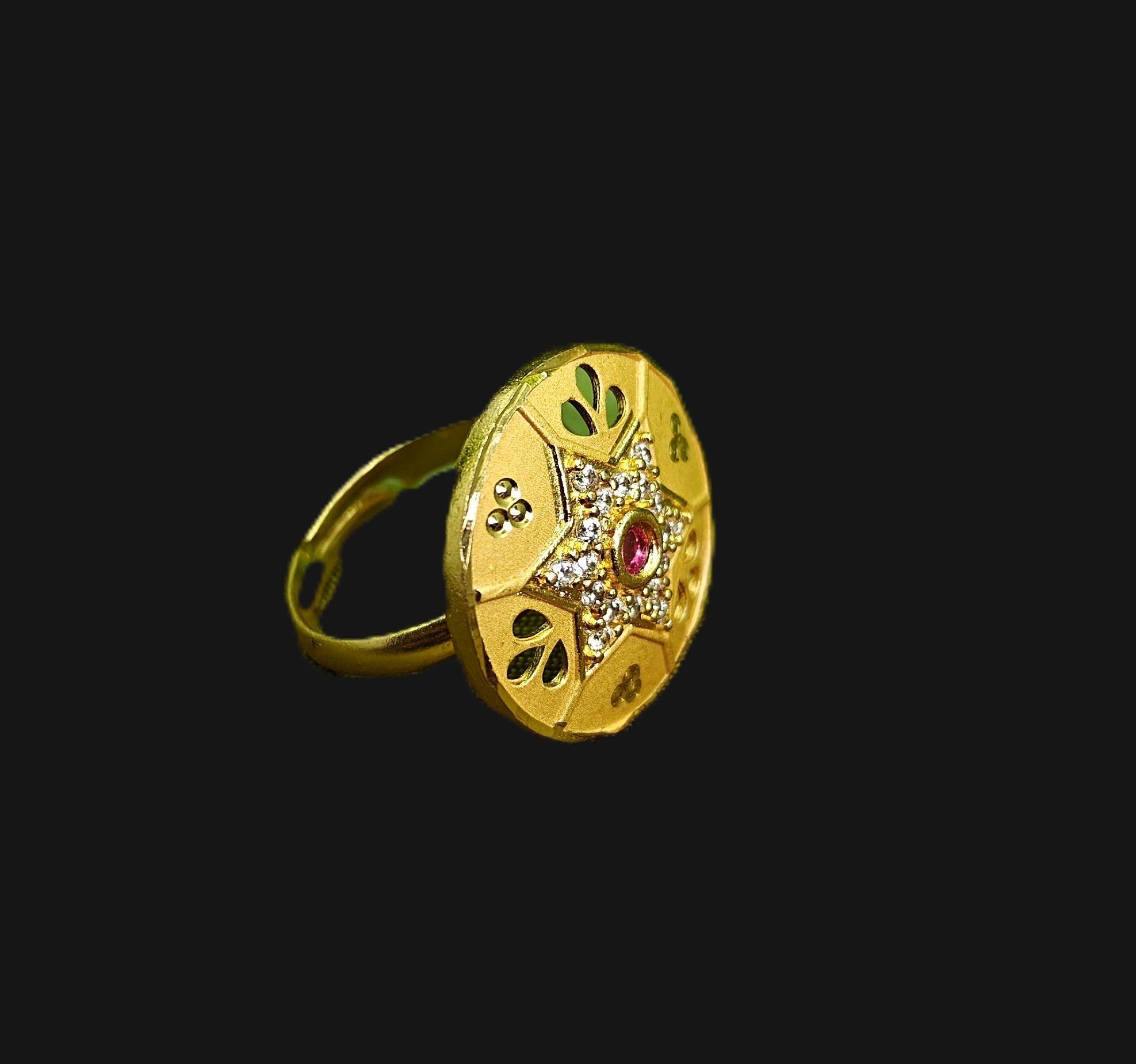 Gold-Tone Premium Star Chakra AD Ring for Women - Glossy Finish - Adjustable Size