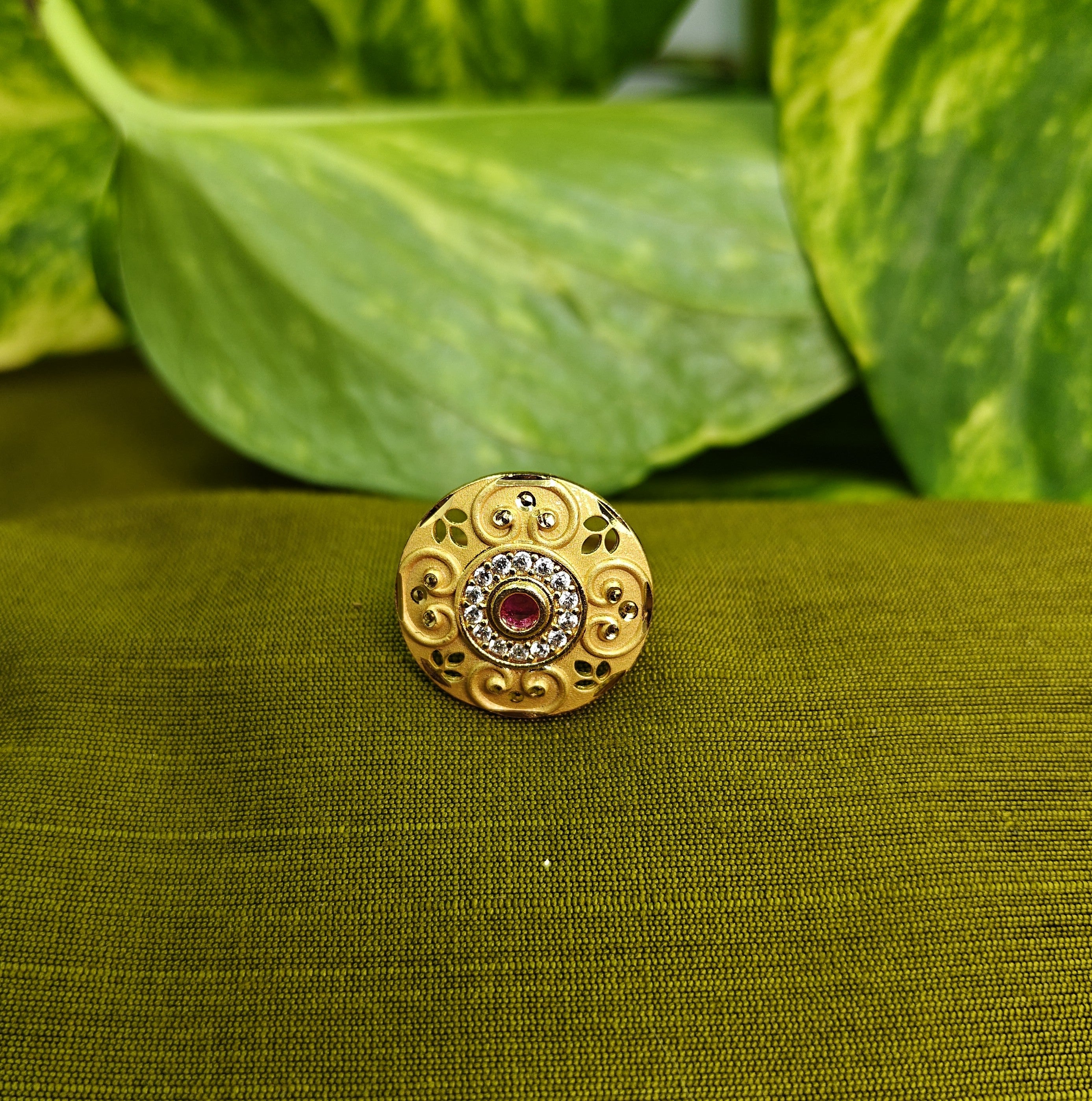 Gold-Tone Premium Round Halo AD Ring for Women - Glossy Finish - Adjustable Size