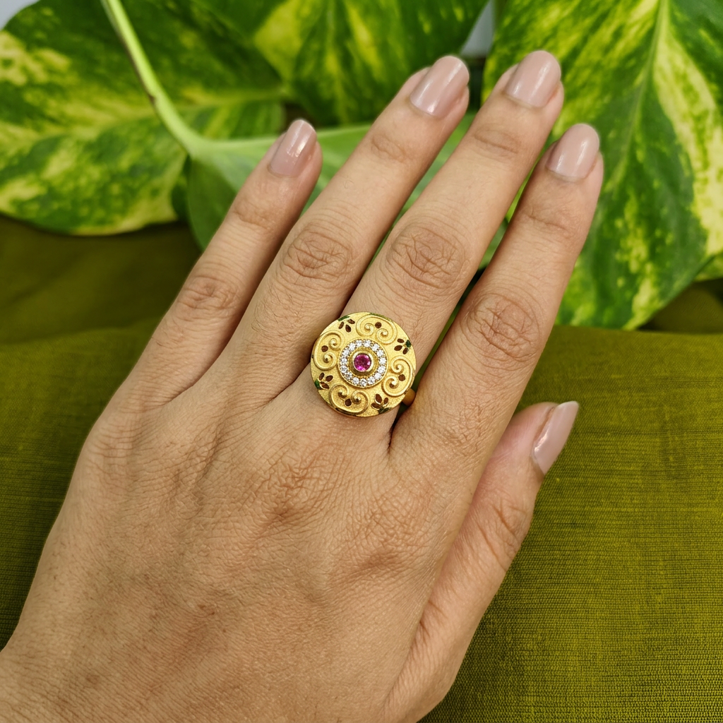 Gold-Tone Premium Round Halo AD Ring for Women - Glossy Finish - Adjustable Size