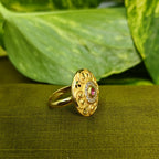 Gold-Tone Premium Round Halo AD Ring for Women - Glossy Finish - Adjustable Size
