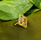 Gold-Tone Premium Diamond-Shaped AD Ring for Women - Glossy Finish - Adjustable Size