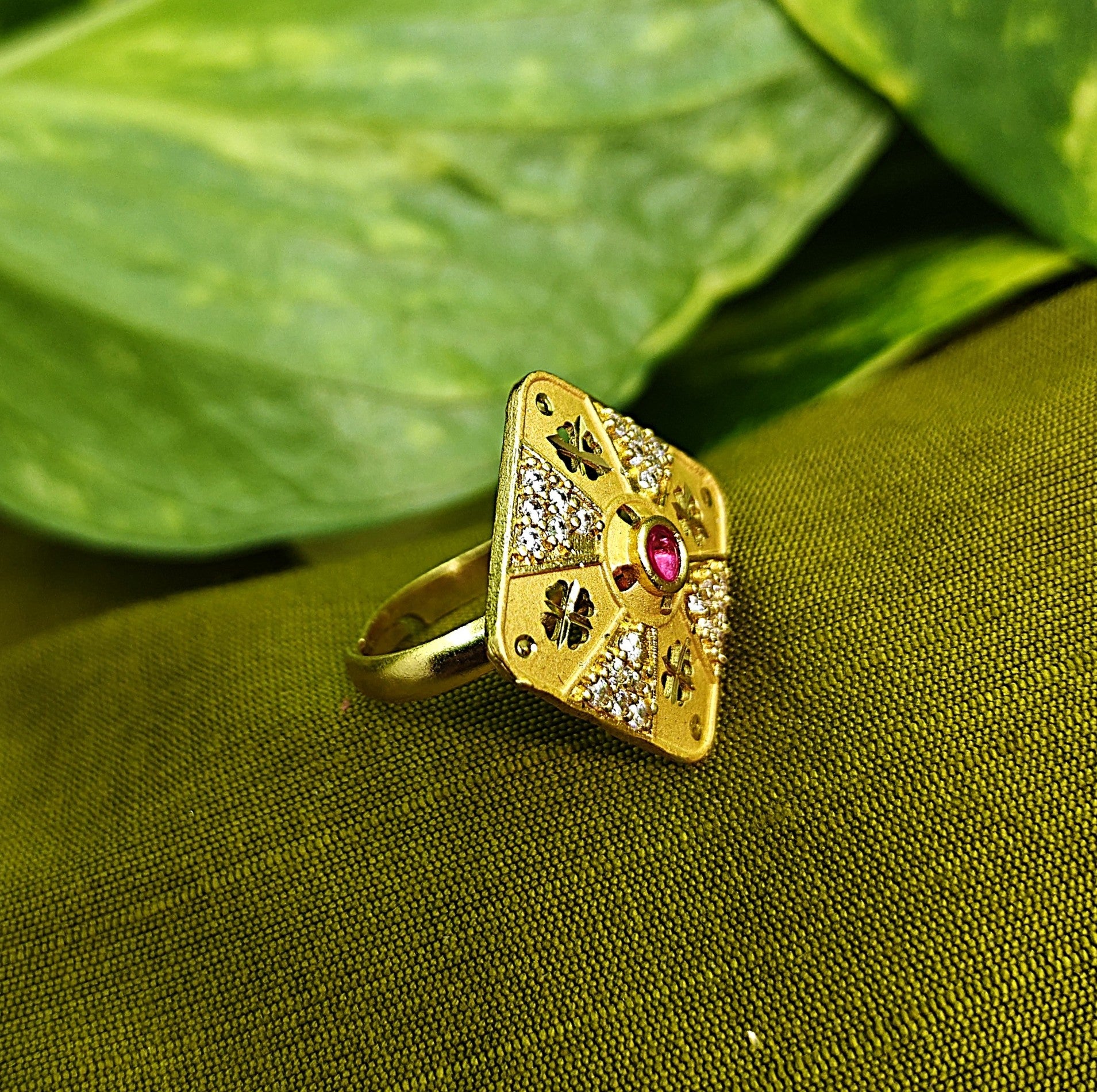 Gold-Tone Premium Diamond-Shaped AD Ring for Women - Glossy Finish - Adjustable Size