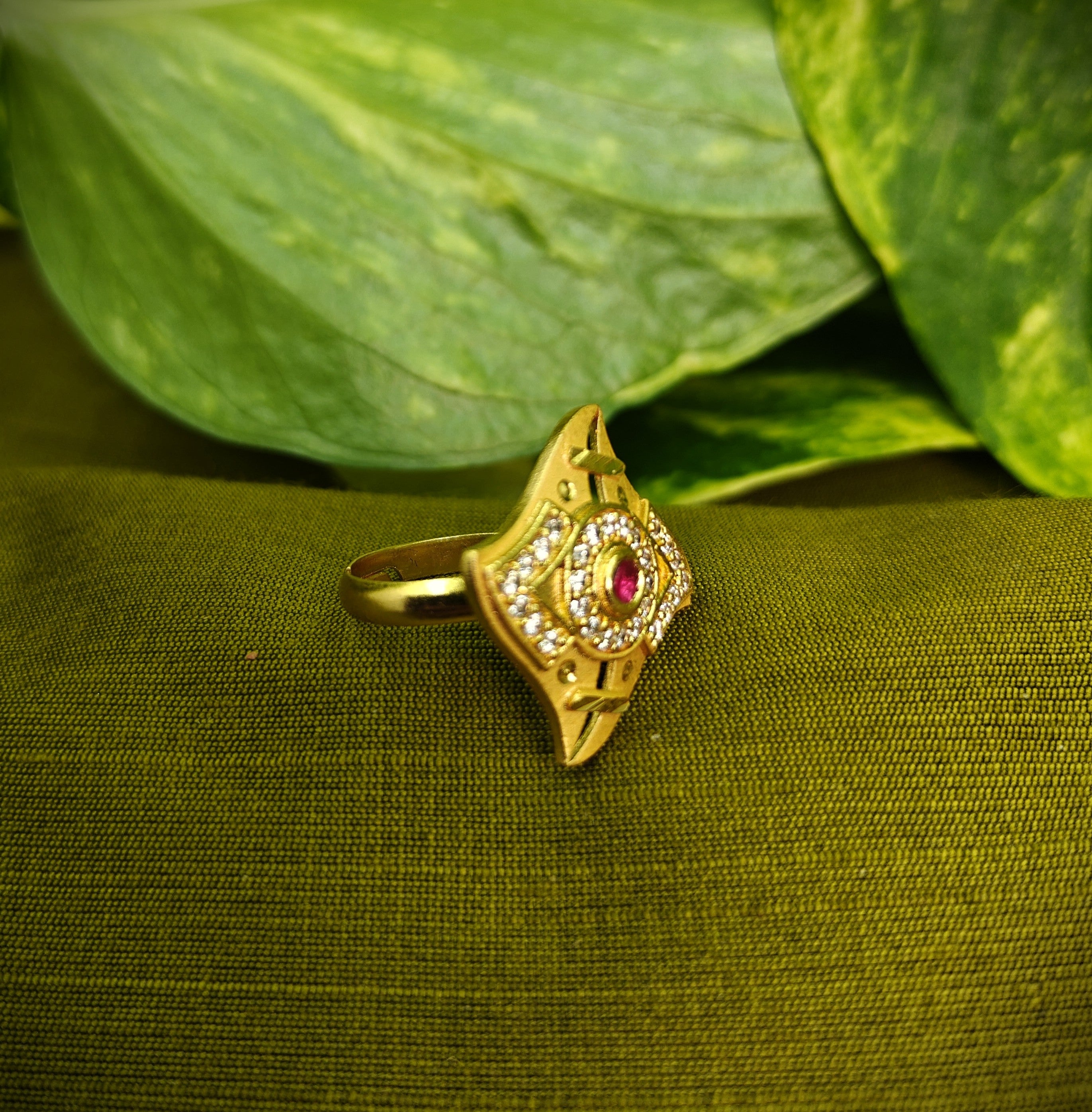 Gold-Tone Premium Swastik Halo AD Ring for Women - Glossy Finish - Adjustable Size