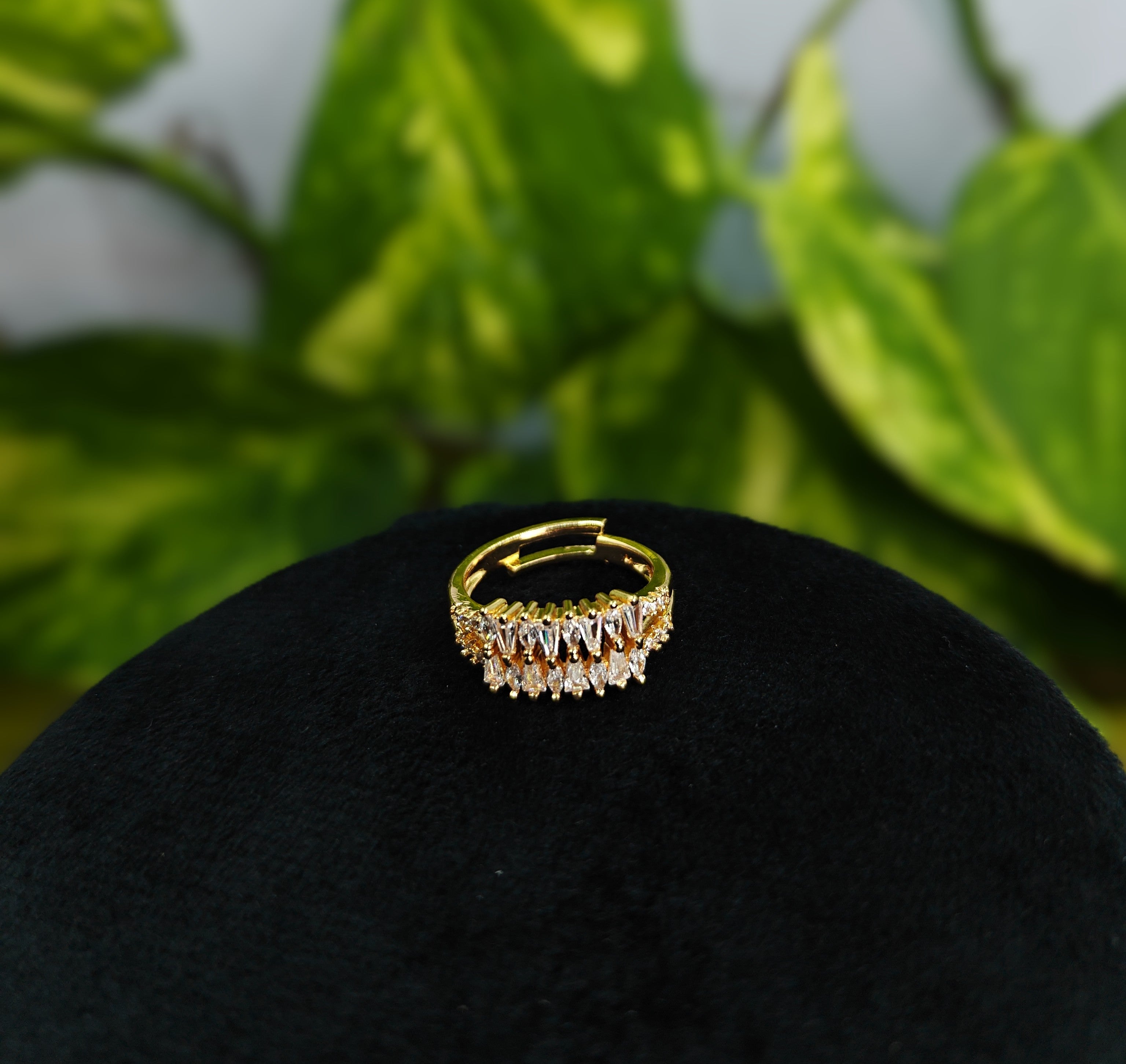 Gold-Tone Premium Baguette Chevron AD Ring for Women - Glossy Finish - Adjustable Size