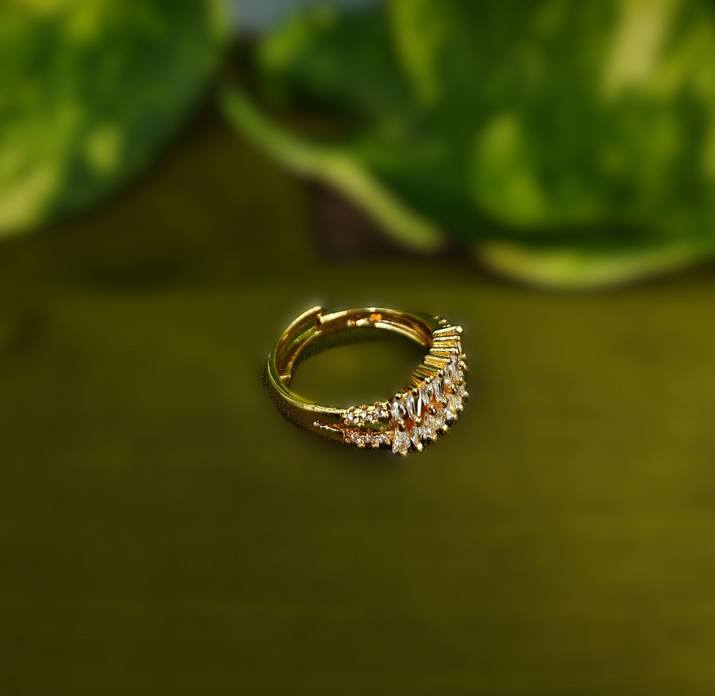 Gold-Tone Premium Baguette Chevron AD Ring for Women - Glossy Finish - Adjustable Size